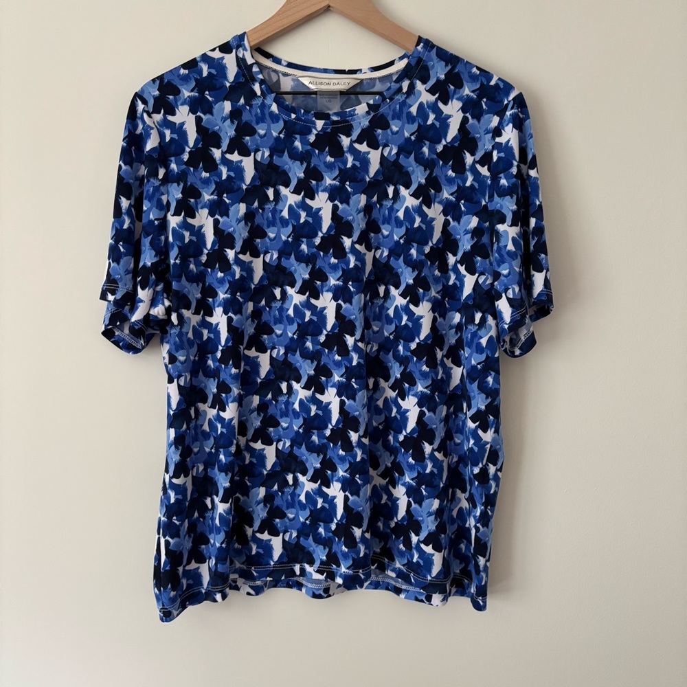 Allison Daley Large Blues White Butterfly & Florals Lightweight Pullover Blouse